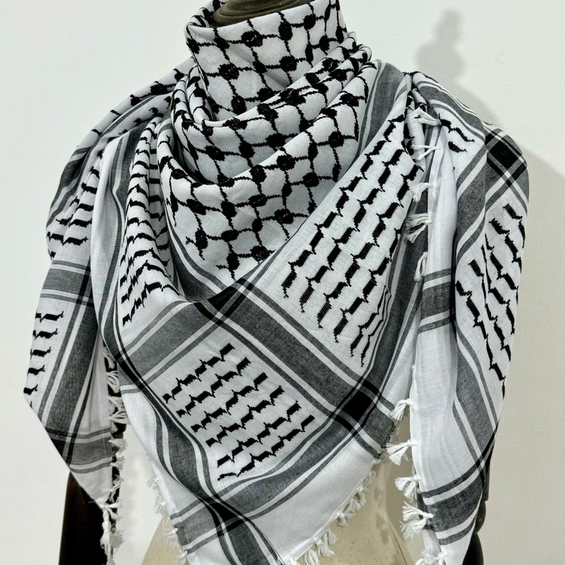Keffiyeh Palestinian Original Shemagh Arab Scarf Made In Palestine Heavy Kufiya Military Tassels Arafat Hatta Brand Cotton Black On White image 6