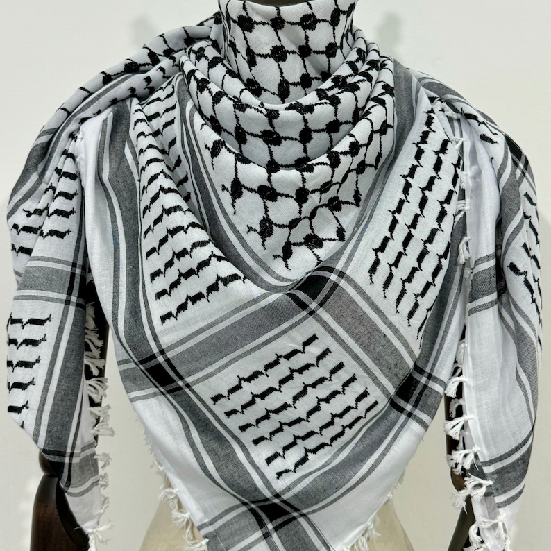 Keffiyeh Palestinian Original Shemagh Arab Scarf Made In Palestine Heavy Kufiya Military Tassels Arafat Hatta Brand Cotton Black On White image 2