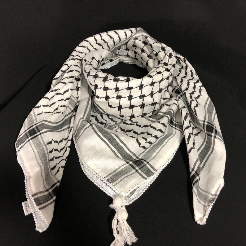 Shemagh Keffiyeh Arab Scarf Palestine Black on White Kufiya Arafat Hatta Original Brand Cotton Unisex Scarves 4747 Soft Fringing Summer image 5