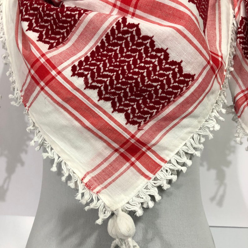 Shemagh Keffiyeh Bufanda árabe Palestina Rojo sobre blanco Kufiya Arafat Hatta Marca original 100% Algodón Bufandas unisex 47 47 Grueso Pesado 2024 imagen 4