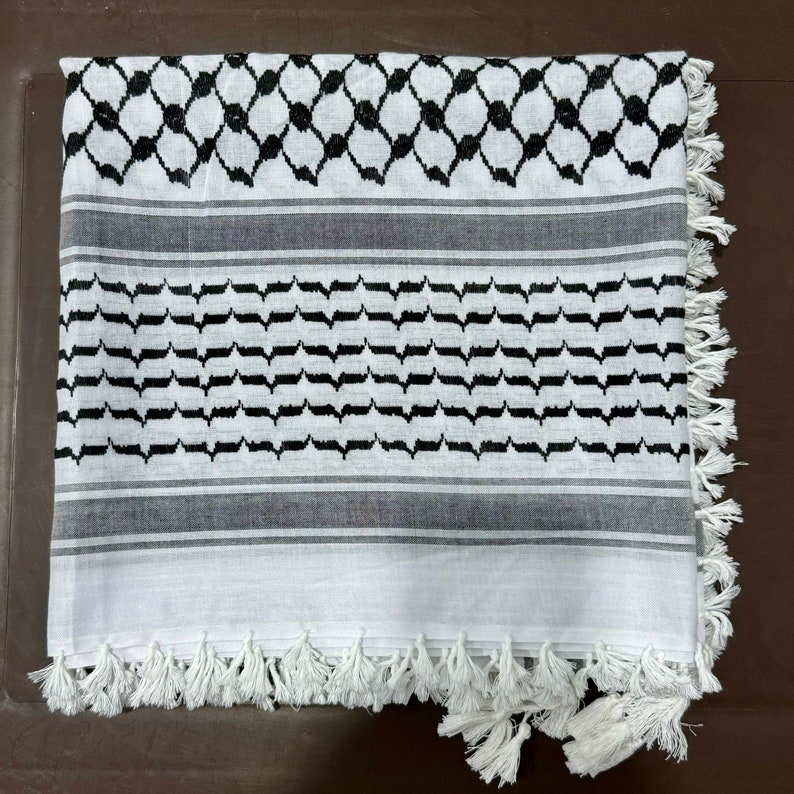 Keffiyeh Palestinian Original Shemagh Arab Scarf Made In Palestine Heavy Kufiya Military Tassels Arafat Hatta Brand Cotton Black On White image 7