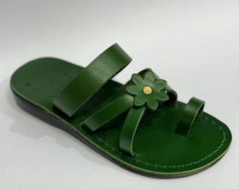 Women's Leather Sandals Flora Green 100% Genuine Leather Greek Style Comfortable Summer Vacations Made In Palestine Hebron Handmade Natural