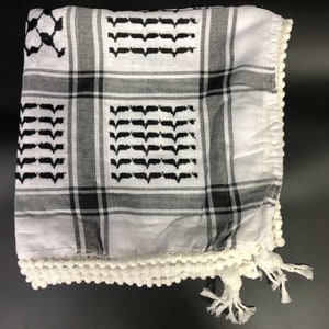 Keffiyeh Palestine Shemagh Scarf Arab Black On White Heavy Kufiya Square Arafat Hatta Original Unisex Scarves Humous Beads Tassels Fringe image 9