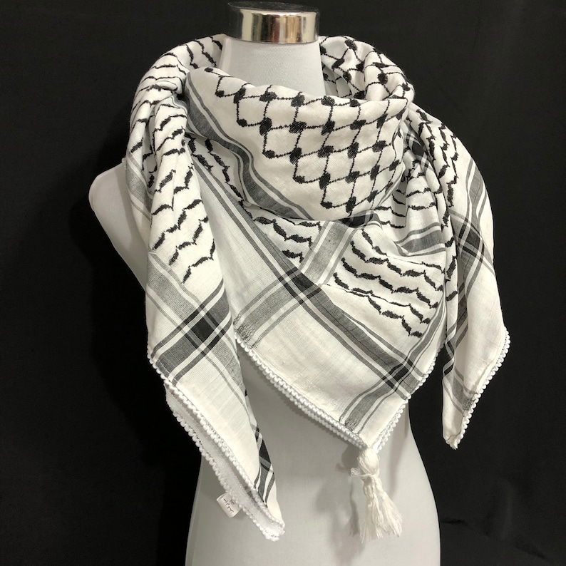 Shemagh Keffiyeh Arab Scarf Palestine Black on White Kufiya Arafat Hatta Original Brand Cotton Unisex Scarves 4747 Soft Fringing Summer image 4