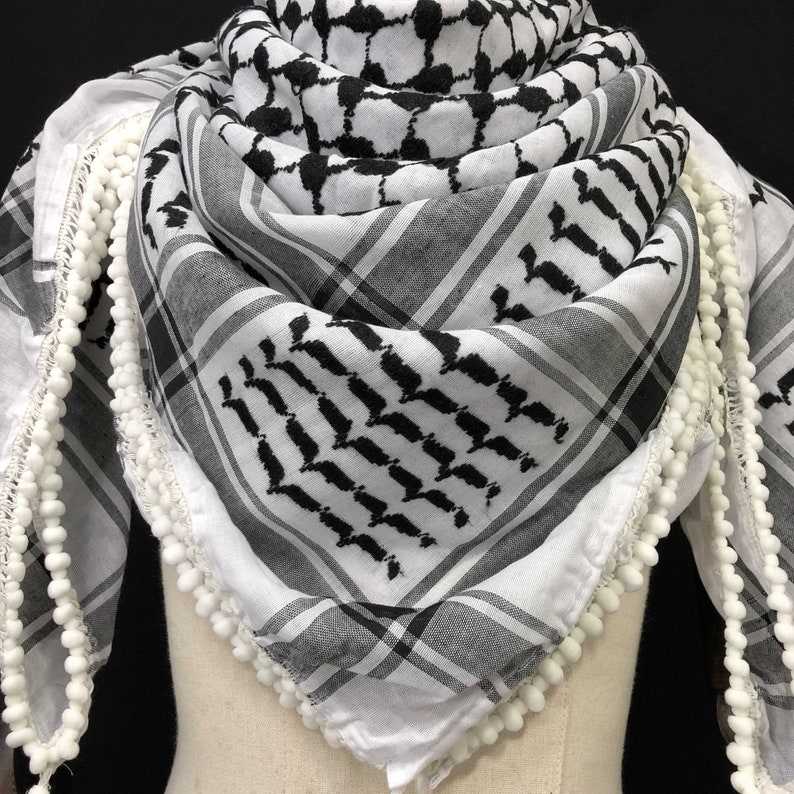 Keffiyeh Palestine Shemagh Scarf Arab Black On White Heavy Kufiya Square Arafat Hatta Original Unisex Scarves Humous Beads Tassels Fringe image 2