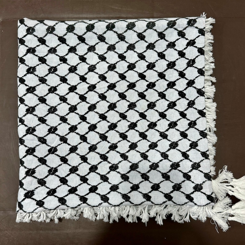 Keffiyeh Palestinian Original Shemagh Arab Scarf Made In Palestine Heavy Kufiya Military Tassels Arafat Hatta Brand Cotton Black On White image 8