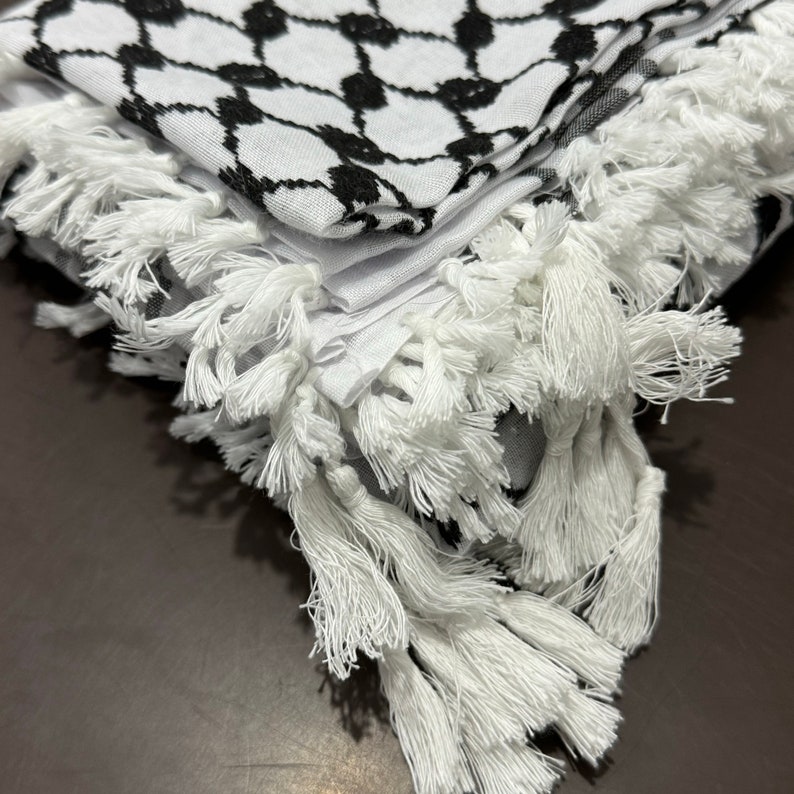 Keffiyeh Palestinian Original Shemagh Arab Scarf Made In Palestine Heavy Kufiya Military Tassels Arafat Hatta Brand Cotton Black On White image 10