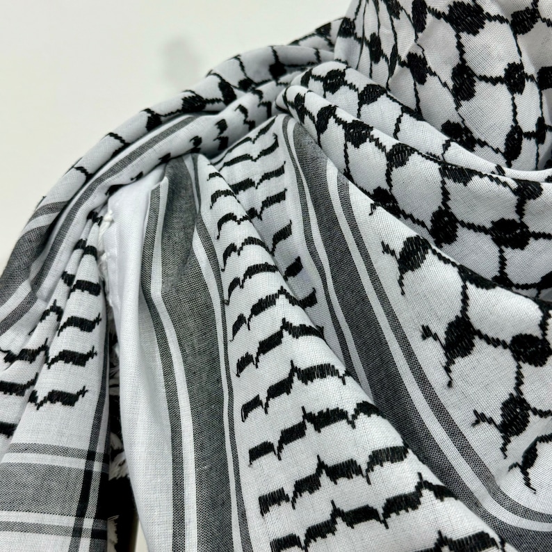 Keffiyeh Palestinian Original Shemagh Arab Scarf Made In Palestine Heavy Kufiya Military Tassels Arafat Hatta Brand Cotton Black On White image 3