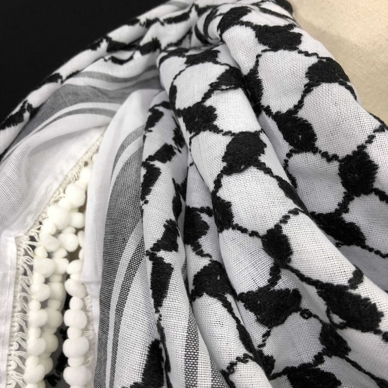 Keffiyeh Palestine Shemagh Scarf Arab Black On White Heavy Kufiya Square Arafat Hatta Original Unisex Scarves Humous Beads Tassels Fringe image 4