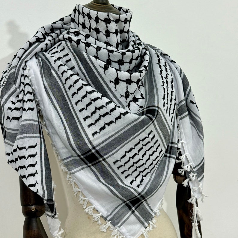 Keffiyeh Palestinian Original Shemagh Arab Scarf Made In Palestine Heavy Kufiya Military Tassels Arafat Hatta Brand Cotton Black On White image 5