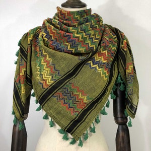 Shemagh Keffiyeh Arab Scarf Palestine Multi-Colors On Green Colorful Kufiya Arafat Hatta Original Brand 100% Cotton Scarves 47"x47 Summer