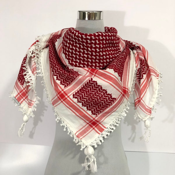 Echarpe arabe Shemagh Keffieh Palestine rouge sur blanc Kufiya Arafat Hatta marque originale 100 % coton Echarpes unisexe 120 x 120 cm Épais Lourde 2024