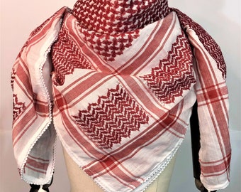 Shemagh Keffiyeh Arab Scarf Palestine Red on White Kufiya Arafat Original Brand 100% Cotton Unisex Scarves 47"*47" Soft Fringing Summer 2024