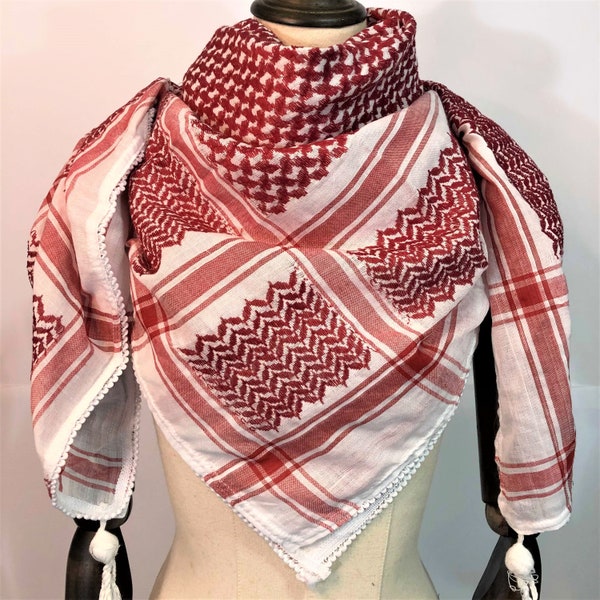 Shemagh Keffiyeh Arab Scarf Palestine Red on White Kufiya Arafat Original Brand 100% Cotton Unisex Scarves 47"*47" Soft Fringing Summer 2024