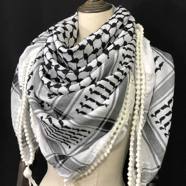 Keffiyeh Palestine Shemagh Scarf Arab Black On White Heavy Kufiya Square Arafat Hatta Original Unisex Scarves Humous Beads Tassels Fringe image 3
