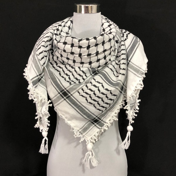 Keffiyeh palestino original Shemagh bufanda árabe hecha en Palestina pesada Kufiya borlas militares Arafat Hatta marca algodón negro sobre blanco