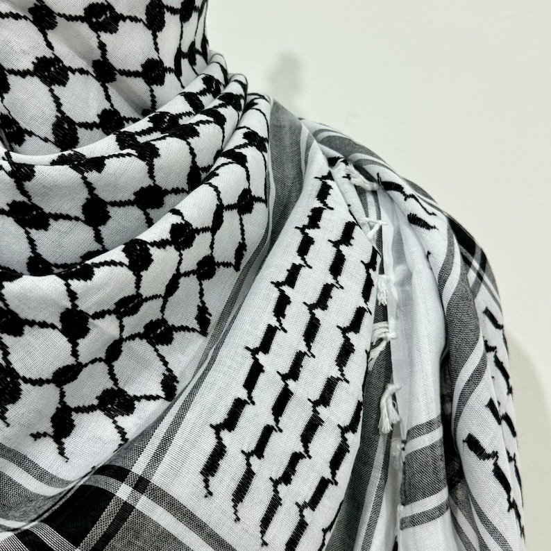 Keffiyeh Palestinian Original Shemagh Arab Scarf Made In Palestine Heavy Kufiya Military Tassels Arafat Hatta Brand Cotton Black On White image 4