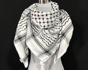 Shemagh Keffiyeh Arab Scarf Palestine Black on White Kufiya Arafat Hatta Original Brand Cotton Unisex Scarves 47"*47" Soft Fringing Summer