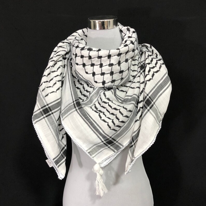 Shemagh Keffiyeh Arab Scarf Palestine Black on White Kufiya Arafat Hatta Original Brand Cotton Unisex Scarves 4747 Soft Fringing Summer image 1