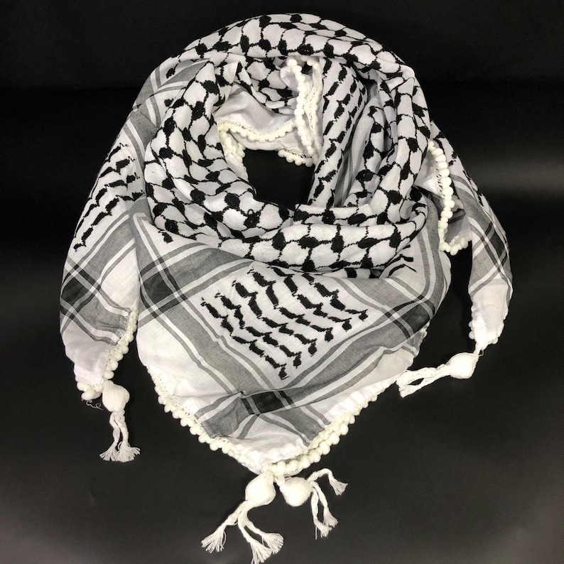 Keffiyeh Palestine Shemagh Scarf Arab Black On White Heavy Kufiya Square Arafat Hatta Original Unisex Scarves Humous Beads Tassels Fringe image 7