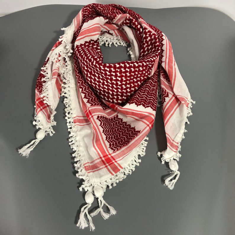 Shemagh Keffiyeh Bufanda árabe Palestina Rojo sobre blanco Kufiya Arafat Hatta Marca original 100% Algodón Bufandas unisex 47 47 Grueso Pesado 2024 imagen 6