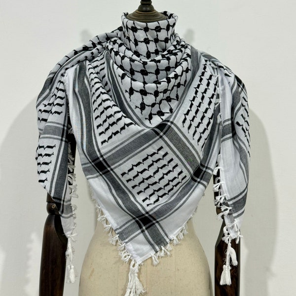 Sciarpa araba Kefiah palestinese originale Shemagh realizzata in Palestina Nappe militari pesanti Kufiya Arafat Hatta marca cotone nero su bianco