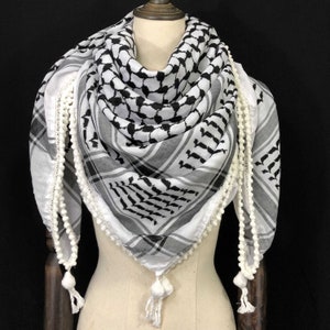 Keffiyeh Palestine Shemagh Scarf Arab Black On White Heavy Kufiya Square Arafat Hatta Original Unisex Scarves Humous Beads Tassels Fringe image 1
