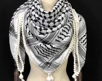 Keffiyeh Palestine Shemagh Scarf Arab Black On White Heavy Kufiya Square Arafat Hatta Original Unisex Scarves Humous Beads Tassels Fringe