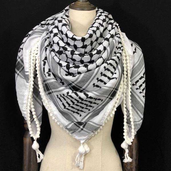 Keffiyeh Palestine Shemagh Scarf Arab Black On White Heavy Kufiya Square Arafat Hatta Original Unisex Scarves Humous Beads Tassels Fringe