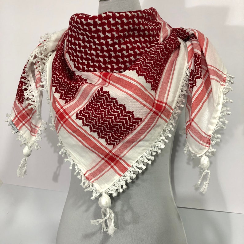 Shemagh Keffiyeh Bufanda árabe Palestina Rojo sobre blanco Kufiya Arafat Hatta Marca original 100% Algodón Bufandas unisex 47 47 Grueso Pesado 2024 imagen 3