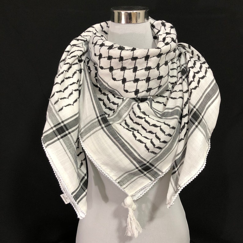 Shemagh Keffiyeh Arab Scarf Palestine Black on White Kufiya Arafat Hatta Original Brand Cotton Unisex Scarves 4747 Soft Fringing Summer image 3