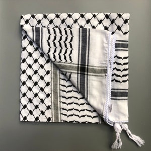 Shemagh Keffiyeh Arab Scarf Palestine Black on White Kufiya Arafat Hatta Original Brand Cotton Unisex Scarves 4747 Soft Fringing Summer image 6