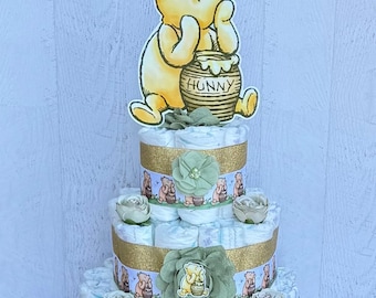 Winnie the Pooh Diaper Cake Gender Neutral Classic Pooh Baby Shower Pooh Baby Shower Centerpieces Decorations Baby Shower Gift