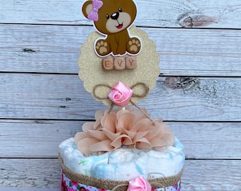 Pink Teddy Bear Diaper Cake Girl Teddy Bear Baby Shower Centerpiece Baby Shower Gift, Baby Shower Decoration, Shower Table Centerpiece