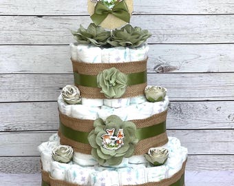 Woodland Diaper Cake Boy, Woodland Baby Shower ,Baby Shower Gift, Baby Shower Decoration, Table Centerpiece, 3 Tier Diaper Cake