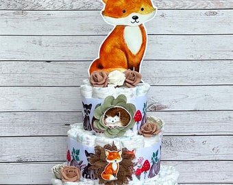 Woodland Diaper Cake Boy, Woodland Baby Shower ,Baby Shower Gift, Baby Shower Decoration, Table Centerpiece, 3 Tier Diaper Cake