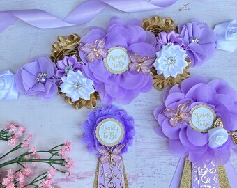 Purple Gold Butterfly Baby Shower Maternity Sash Girl | Mommy to Be & Family Corsage Set