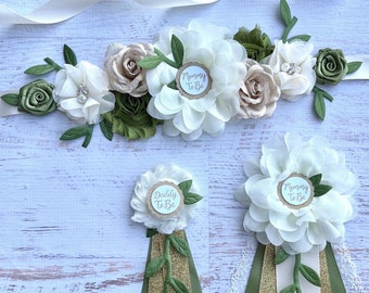 Greenery Baby Shower Sash Cream Olive Gold Maternity Sash Olive Gold Pregnancy Sash Mommy Sash Flower Sash Greenery Baby Shower Corsage Pin