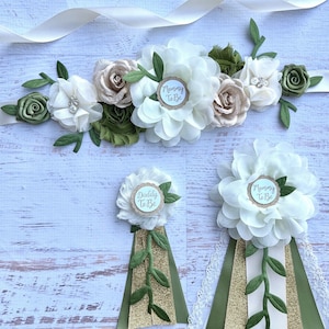 Greenery Baby Shower Sash Cream Olive Gold Maternity Sash Olive Gold Pregnancy Sash Mommy Sash Flower Sash Greenery Baby Shower Corsage Pin