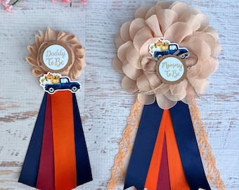 Blue Pumpkin Truck Baby Shower Corsage Pumpkin Baby Shower Pin Mommy Pin Fall Baby Shower Corsage Mom and Dad Pins Mommy Ribbon
