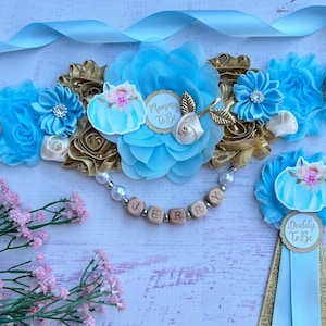 Faja de maternidad para baby shower de Little Pumpkin, para niño, futura mamá, futuro papá y pin para baby shower familiar