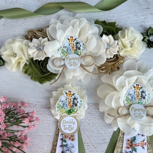 Safari Baby Shower Maternity Sash, Gender Neutral Corsage ,Jungle Safari Mom Dad Family Pins