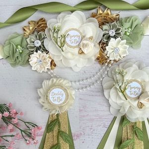 Greenery Baby Shower Maternity Sash Greenery Baby Shower Sash Maternity Belt Pregnancy Sash, Gender Neutral Baby Shower Greenery Shower Pins