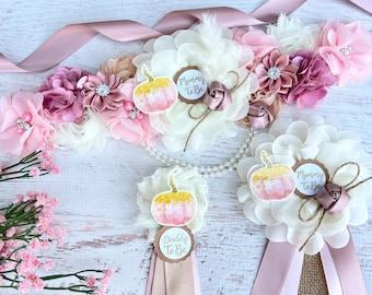 Banda para baby shower con calabazas, rosa empolvado, banda de maternidad con calabazas, banda para baby shower de otoño, banda para embarazadas, banda para futura mamá, banda de maternidad de otoño