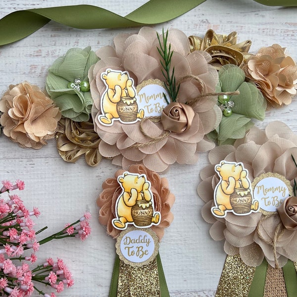 Classic Winnie the Pooh Baby Shower Sash Maternity Sash , Gender Neutral Dad and Family Pins