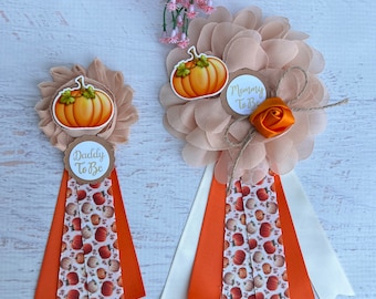 Pumpkin Baby Shower Corsage Pumpkin Baby Shower Pin Mommy to be Pin Fall Baby Shower Corsage Mom and Dad Pins Mommy Ribbon