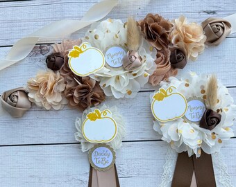 Pumpkin Baby Shower Maternity Sash, Fall Gender Neutral  Daddy and Family Pins