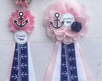 Nautical Baby Shower Corsageu Nautical Baby Shower Girl Mommy Corsage Mom & Dad To Be Pin Mommy Ribbon Baby Shower Pins Pink Navy  Nautical