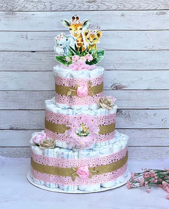 Safari Diaper Cake Girl Jungle Safari Baby Shower Girl Baby Shower Centerpiece Decoration Baby Shower Gift 3 tier Diaper Cake