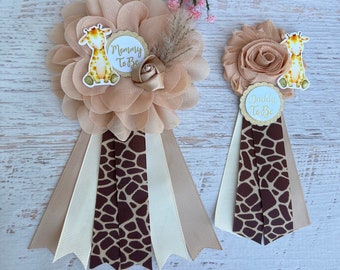 Giraffe Theme Baby Shower Corsage Set – Mom, Dad & Family Pins – Girl or Gender Neutral Safari Shower